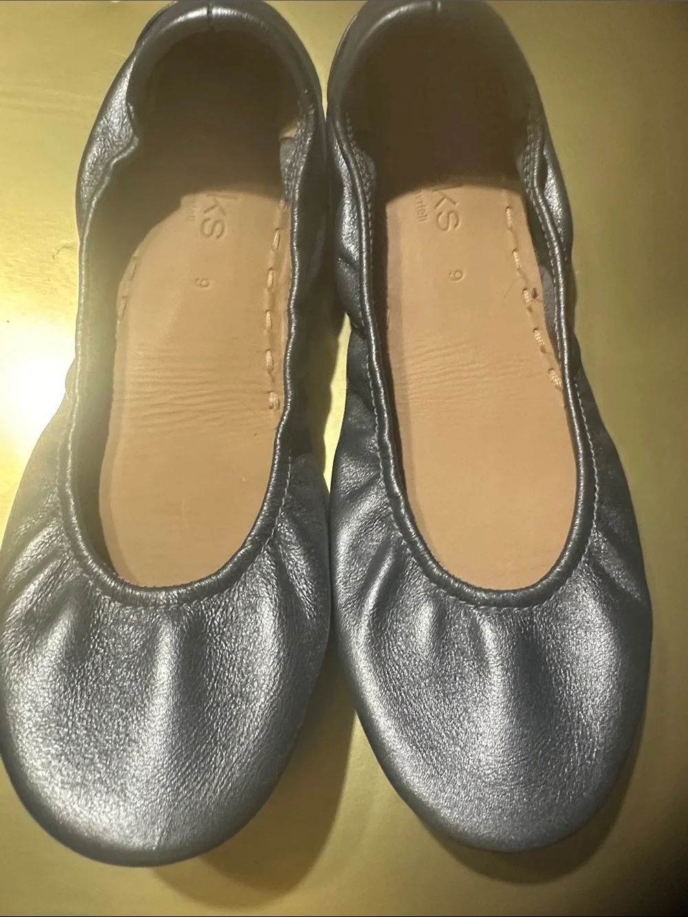 Tieks Metallic Gray Ballet Flats with Teal Heel Tab